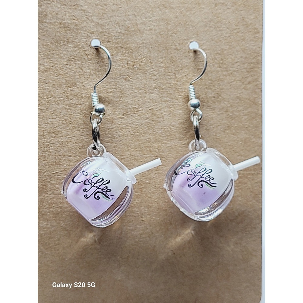 Handmade Purple Miniature Coffee Cup Dangle Earrings Silver Tone‎ 1.5" Jewelry